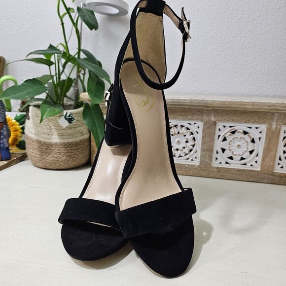 SAM EDELMAN Black Leather Suede Ankle Strap Block Heel Sandal Womens Sz 9.5 W - Picture 5 of 9